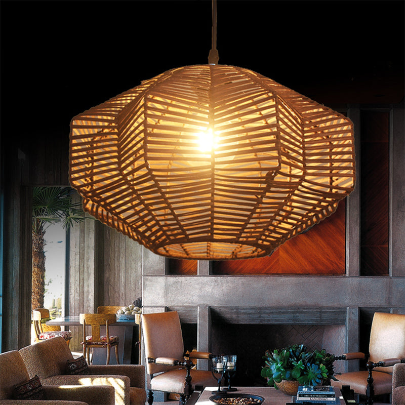 Traditional Rattan Brown Lantern Pendant Lighting - Restaurant Hanging Lamp