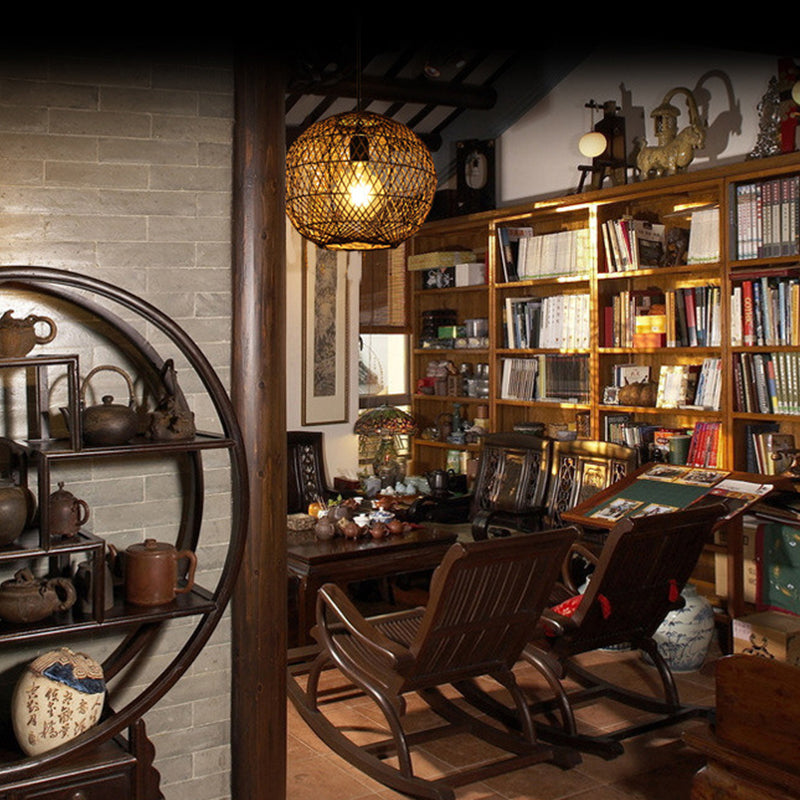 Asian Rattan Ball Ceiling Light - Coffee Pendant Fixture for Living Room - 1 Bulb