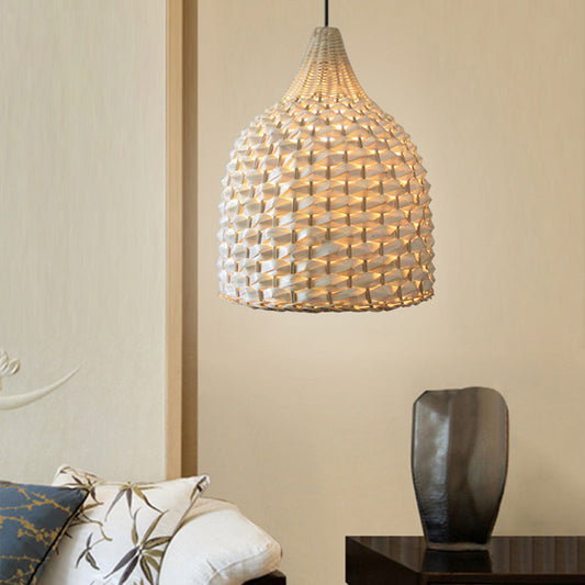 Bamboo Pendant Lighting - Modernist Basket Design, 1 Bulb Hanging Light in Beige