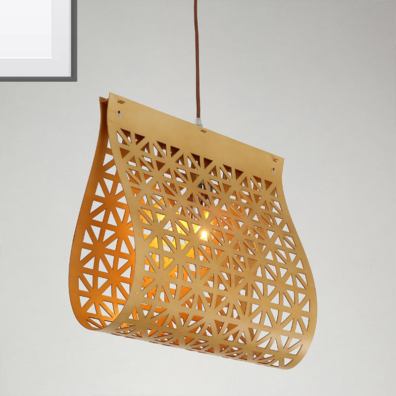 Curved Wood Pendant Light Fixture with Suspension in Beige - Contemporary Design