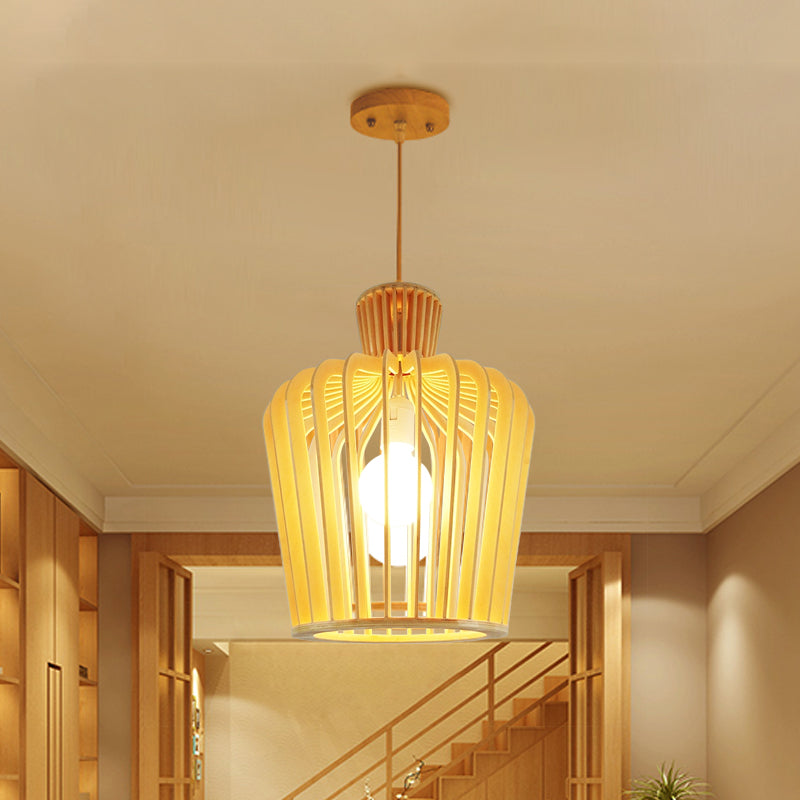 Luminaire suspendu moderne en forme d'urne avec accent en bois - Beige, 1 ampoule, parfait pour la salle à manger