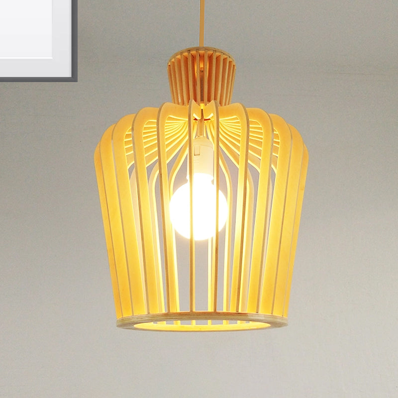 Luminaire suspendu moderne en forme d'urne avec accent en bois - Beige, 1 ampoule, parfait pour la salle à manger