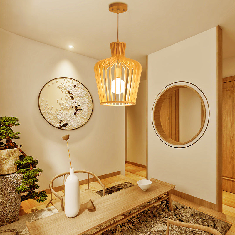 Modern Wood Pendant Light Fixture: Urn/Gourd Style With 1 Bulb For Dining Room In Beige