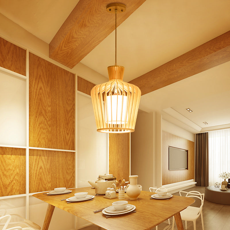 Modern Wood Pendant Light Fixture: Urn/Gourd Style With 1 Bulb For Dining Room In Beige