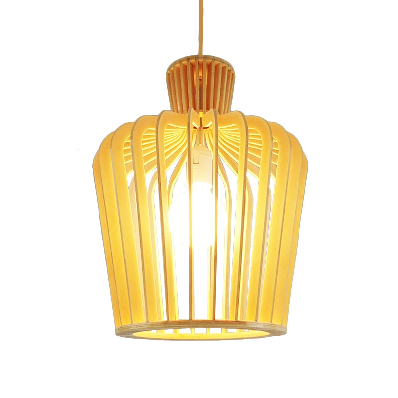 Luminaire suspendu moderne en forme d'urne avec accent en bois - Beige, 1 ampoule, parfait pour la salle à manger