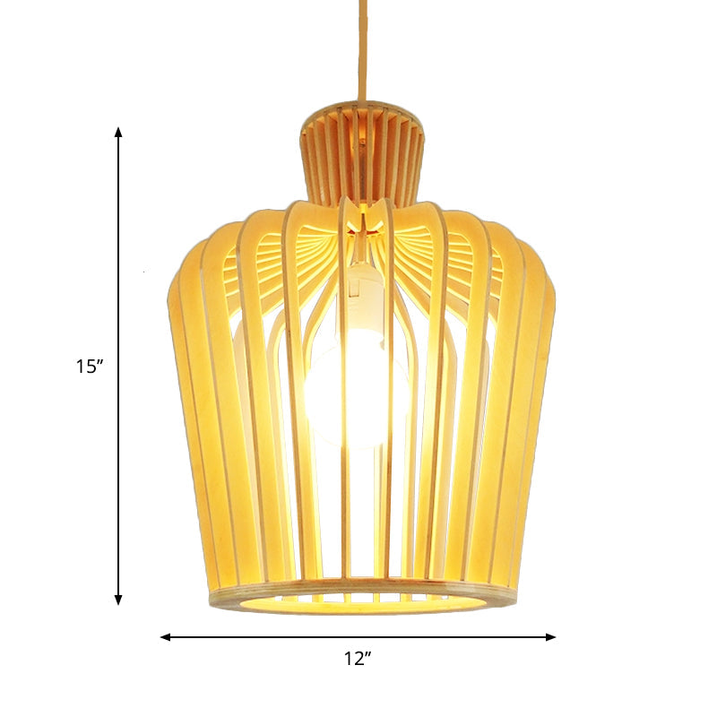 Luminaire suspendu moderne en forme d'urne avec accent en bois - Beige, 1 ampoule, parfait pour la salle à manger