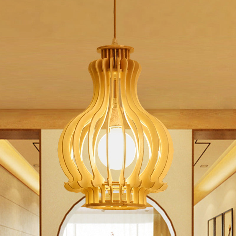 Luminaire suspendu moderne en forme d'urne avec accent en bois - Beige, 1 ampoule, parfait pour la salle à manger
