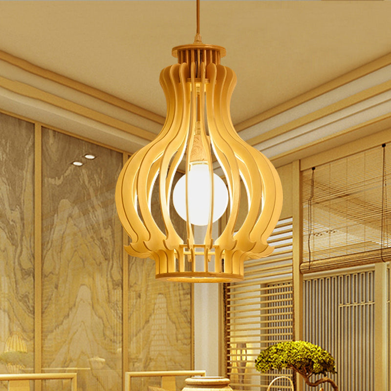 Luminaire suspendu moderne en forme d'urne avec accent en bois - Beige, 1 ampoule, parfait pour la salle à manger