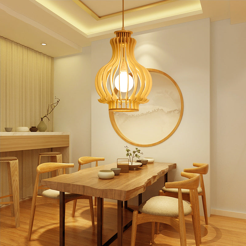 Luminaire suspendu moderne en forme d'urne avec accent en bois - Beige, 1 ampoule, parfait pour la salle à manger