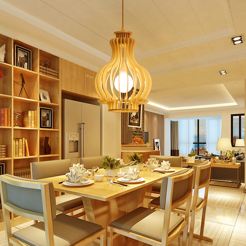 Luminaire suspendu moderne en forme d'urne avec accent en bois - Beige, 1 ampoule, parfait pour la salle à manger
