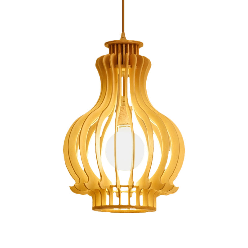 Luminaire suspendu moderne en forme d'urne avec accent en bois - Beige, 1 ampoule, parfait pour la salle à manger