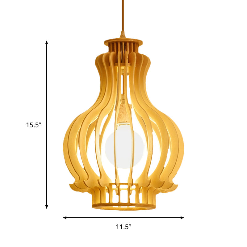 Luminaire suspendu moderne en forme d'urne avec accent en bois - Beige, 1 ampoule, parfait pour la salle à manger