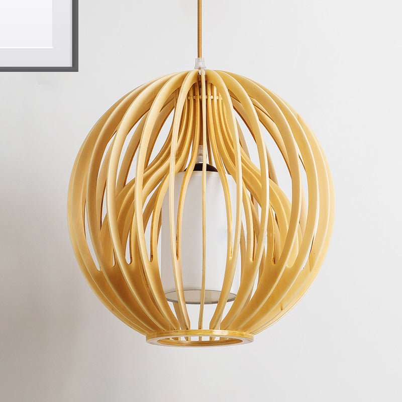 Contemporary Beige Hanging Lamp For Restaurants - Wood Ceiling Pendant With Orb/Hat Design