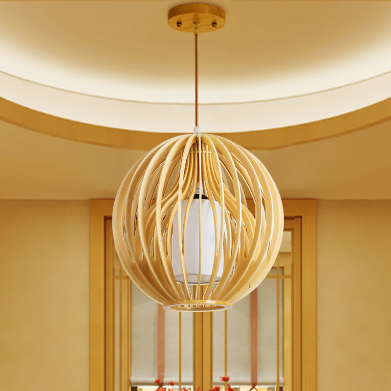 Contemporary Beige Orb/Hat Hanging Lamp - Wood Ceiling Pendant Light for Restaurants