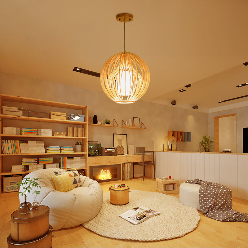 Contemporary Beige Orb/Hat Hanging Lamp - Wood Ceiling Pendant Light for Restaurants