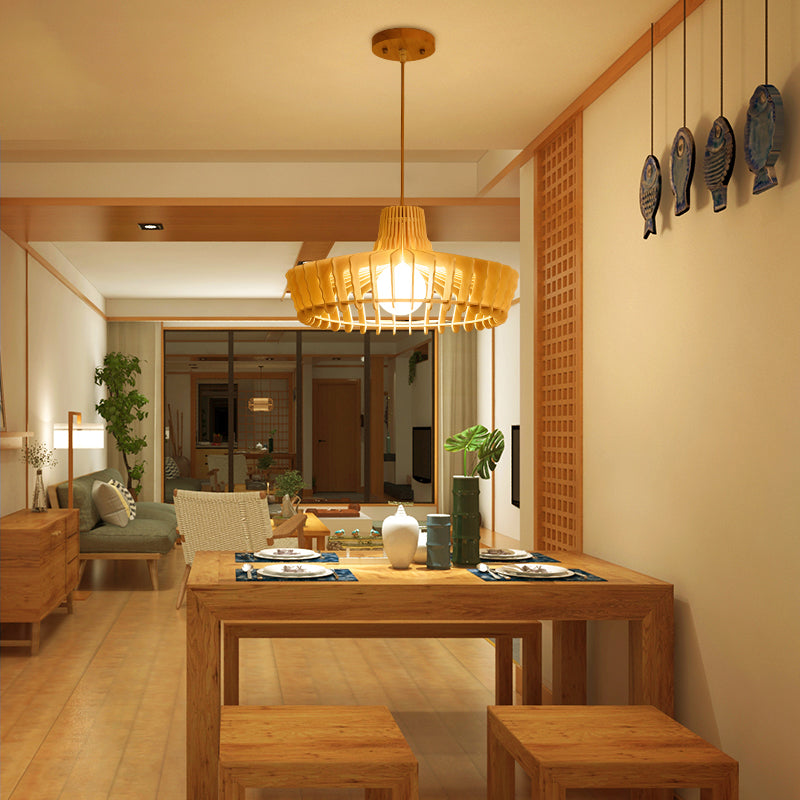 Contemporary Beige Hanging Lamp For Restaurants - Wood Ceiling Pendant With Orb/Hat Design