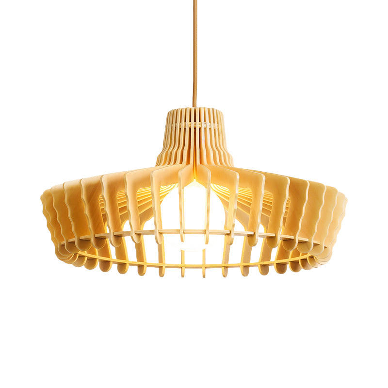 Contemporary Beige Orb/Hat Hanging Lamp - Wood Ceiling Pendant Light for Restaurants
