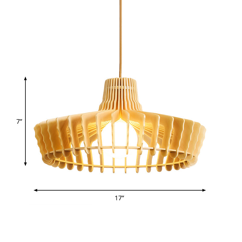 Contemporary Beige Orb/Hat Hanging Lamp - Wood Ceiling Pendant Light for Restaurants