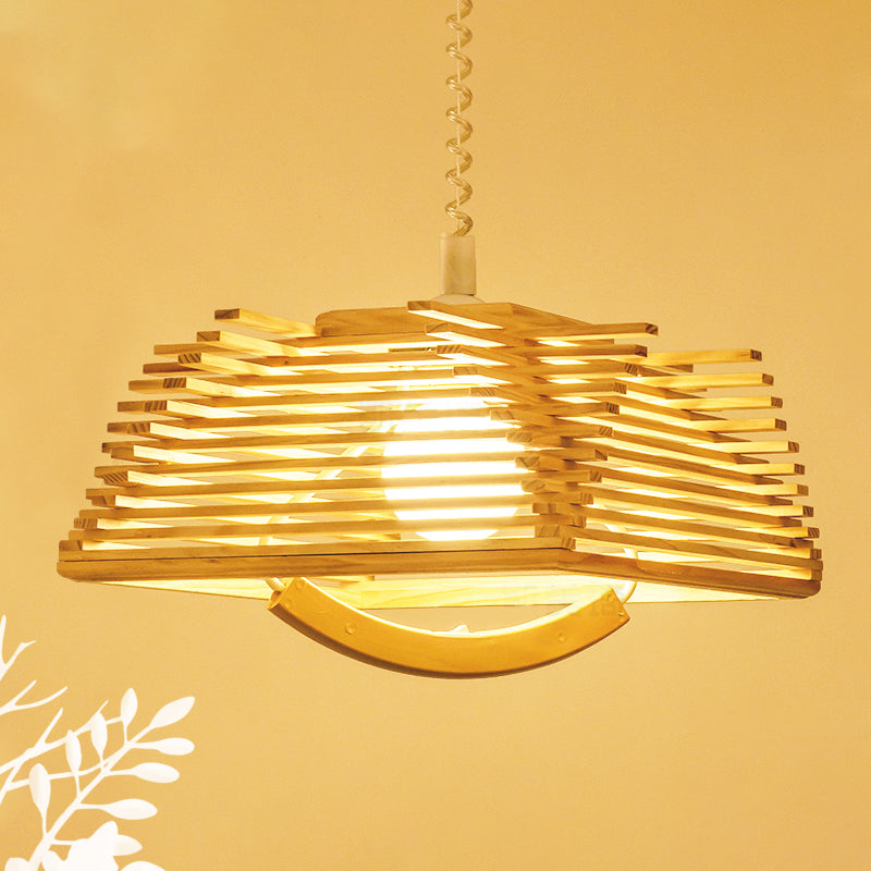 Modernist Beige Tapered Pendant Light with Wood Shade
