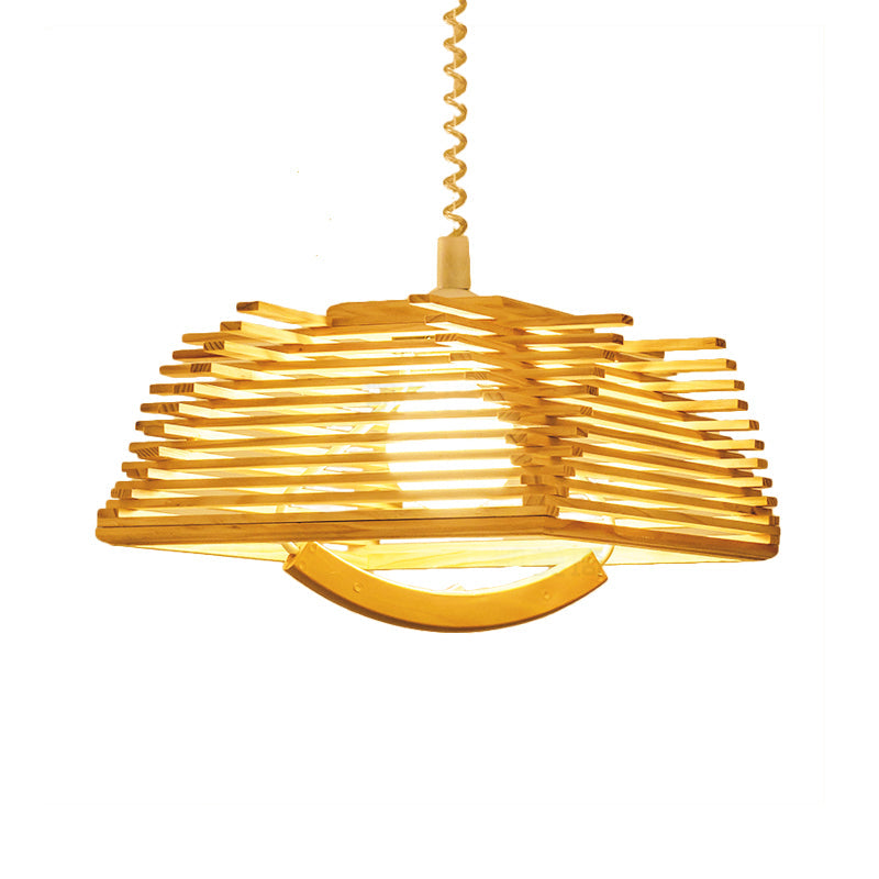 Modernist Beige Tapered Pendant Light with Wood Shade