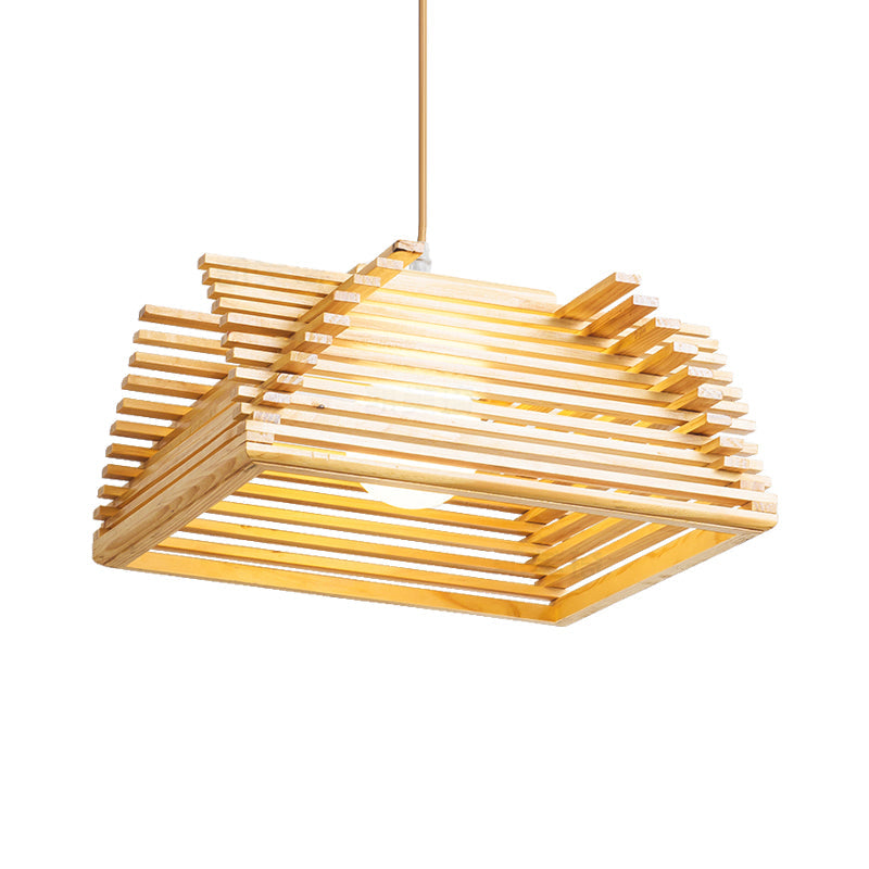 Modernist Beige Tapered Pendant Light with Wood Shade