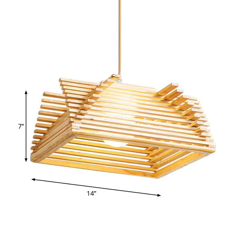 Modernist Beige Tapered Pendant Light with Wood Shade