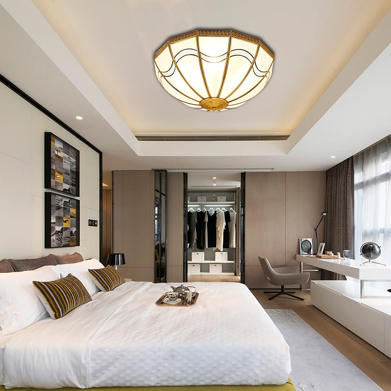 Brass Inverted Flush Ceiling Lamp with Milky Glass, 4 Lights and Wave Pattern - Ideal for bedrooms