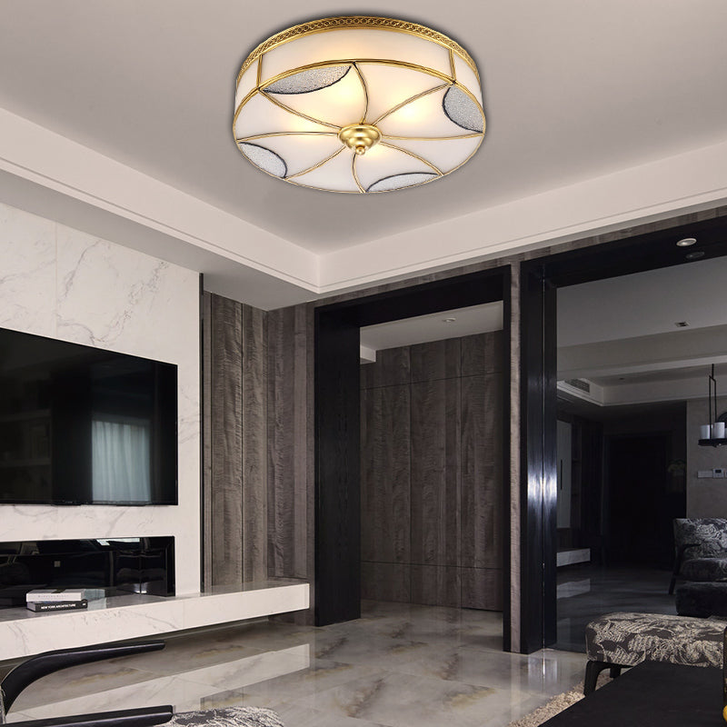 Vintage Brass Flushmount Light with Frosted Glass - 4 Lights - Round Ceiling Mount for Living Room