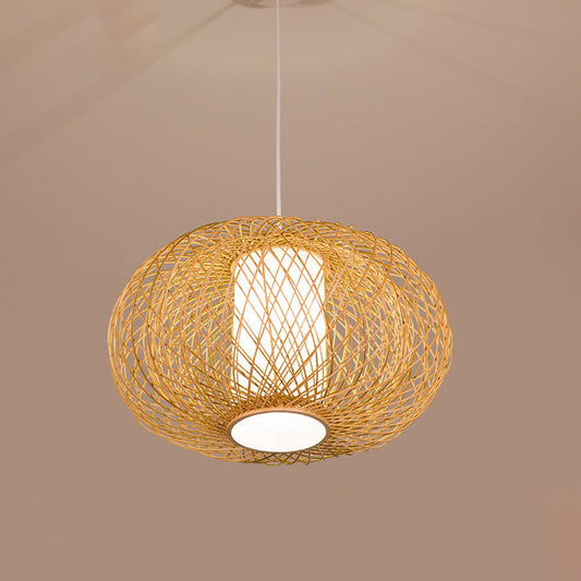 Rustic Bamboo Lantern Pendant Light for Teahouse - Wooden Ceiling Lamp with 1 Bulb