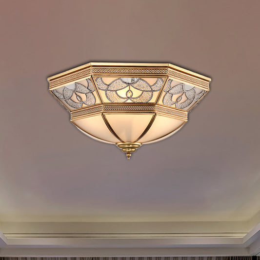 Classic Frosted Glass Flush Mount Lamp with Domed Design - Brass Finish, 4 Lights