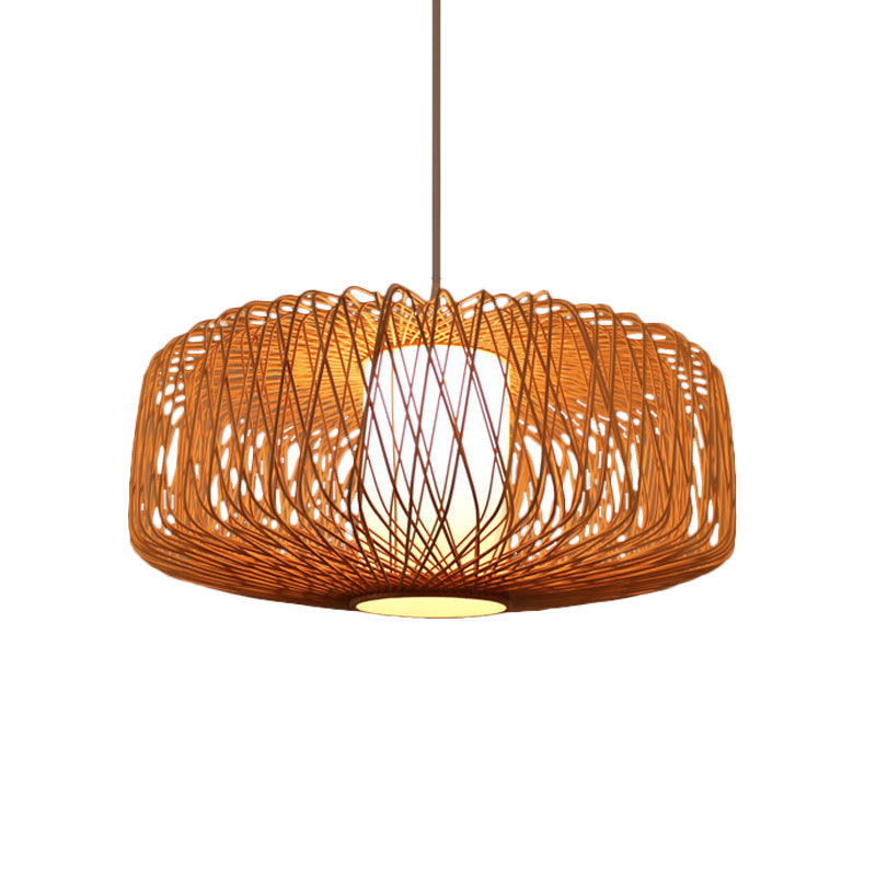 Kit de suspension cylindrique en bambou - Design contemporain, finition noire/bois, 1 ampoule - 16"/23,5" de large