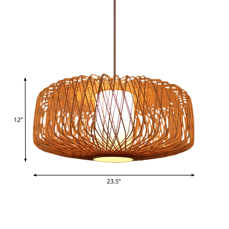 Kit de suspension cylindrique en bambou - Design contemporain, finition noire/bois, 1 ampoule - 16"/23,5" de large