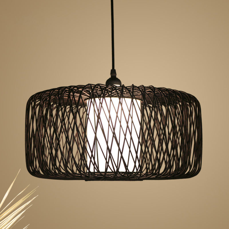 Kit de suspension cylindrique en bambou - Design contemporain, finition noire/bois, 1 ampoule - 16"/23,5" de large