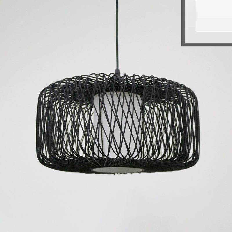 Kit de suspension cylindrique en bambou - Design contemporain, finition noire/bois, 1 ampoule - 16"/23,5" de large
