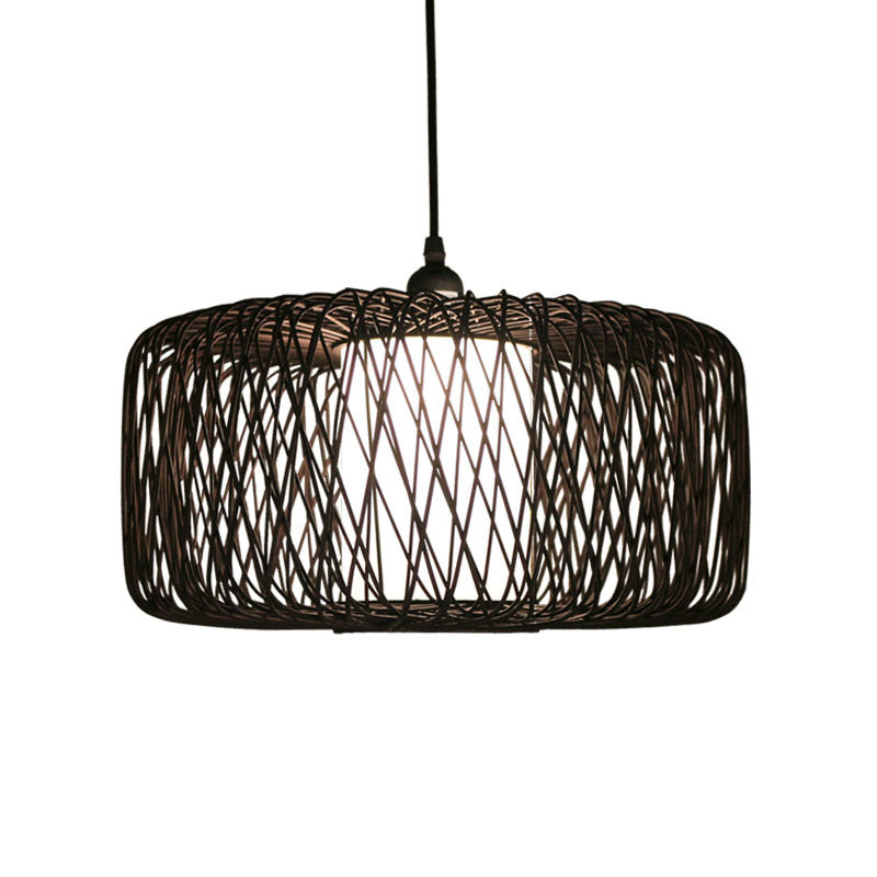 Kit de suspension cylindrique en bambou - Design contemporain, finition noire/bois, 1 ampoule - 16"/23,5" de large
