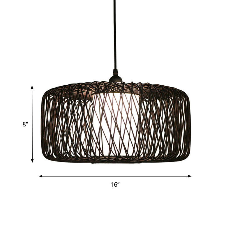 Kit de suspension cylindrique en bambou - Design contemporain, finition noire/bois, 1 ampoule - 16"/23,5" de large