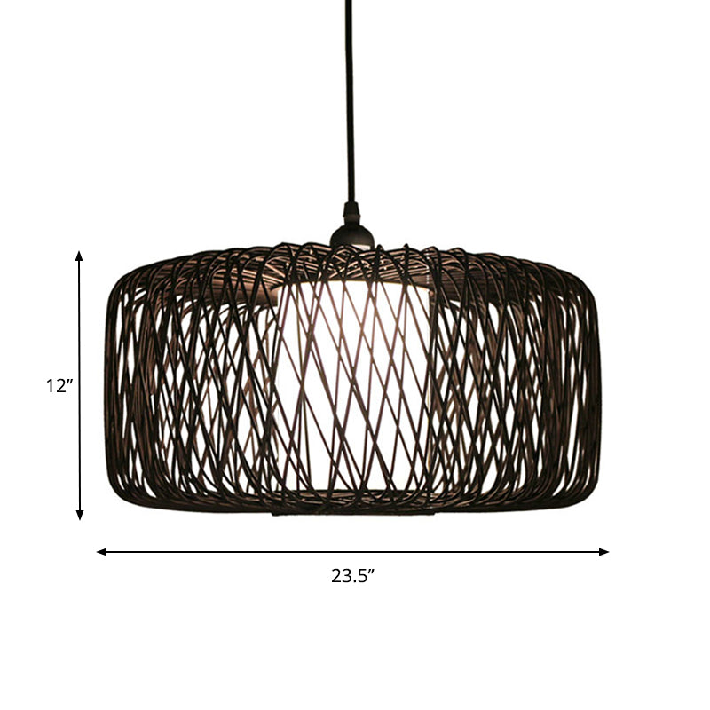 Kit de suspension cylindrique en bambou - Design contemporain, finition noire/bois, 1 ampoule - 16"/23,5" de large