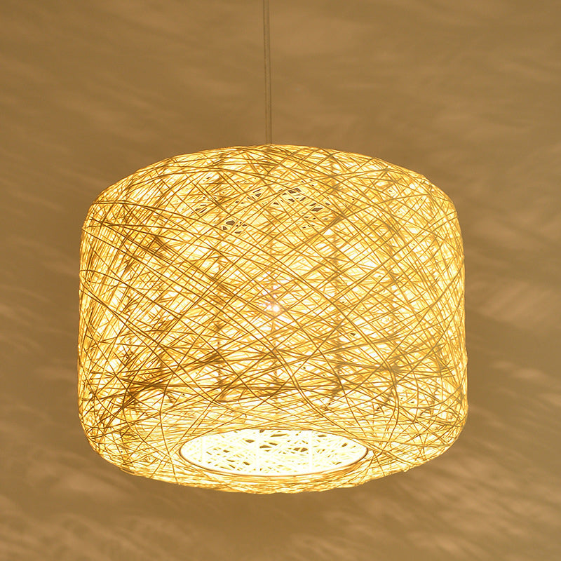 Tradition Rattan Drum Pendant Light - 1 Bulb - 12"/16"/18" Wide - Beige/Blue Hanging Ceiling Light