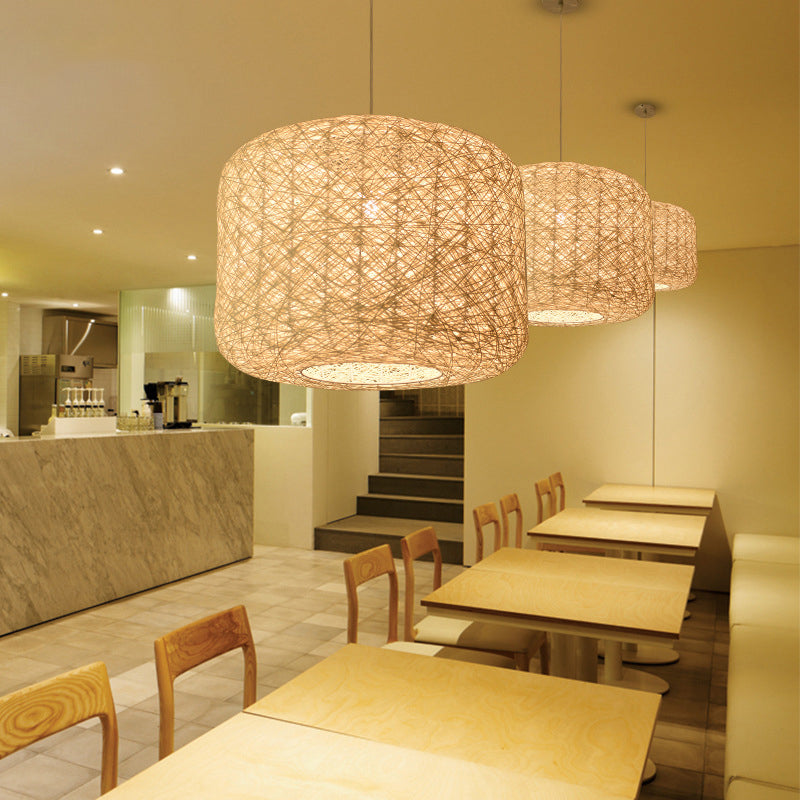 Tradition Rattan Drum Pendant Light - 1 Bulb - 12"/16"/18" Wide - Beige/Blue Hanging Ceiling Light
