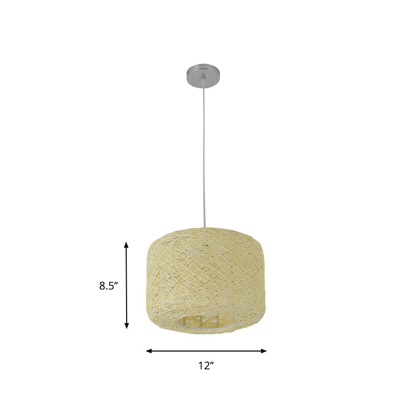 Rattan Drum Pendant Light 1 Bulb 12/16/18 Wide Beige/Blue Ceiling Hanging