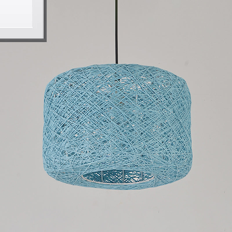 Rattan Drum Pendant Light 1 Bulb 12/16/18 Wide Beige/Blue Ceiling Hanging Blue / 12