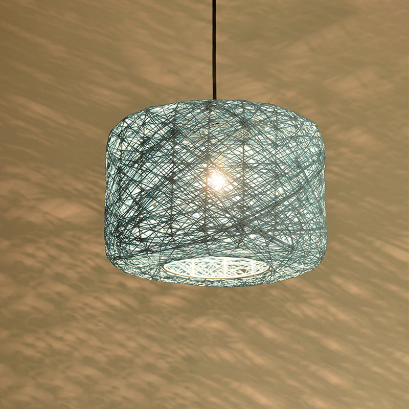 Tradition Rattan Drum Pendant Light - 1 Bulb - 12"/16"/18" Wide - Beige/Blue Hanging Ceiling Light