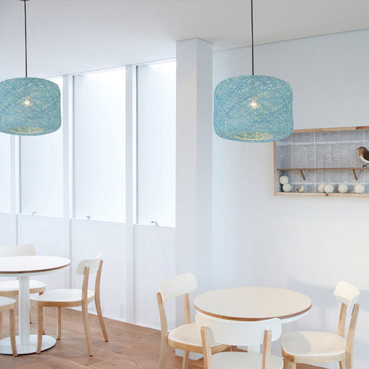 Rattan Drum Pendant Light 1 Bulb 12/16/18 Wide Beige/Blue Ceiling Hanging