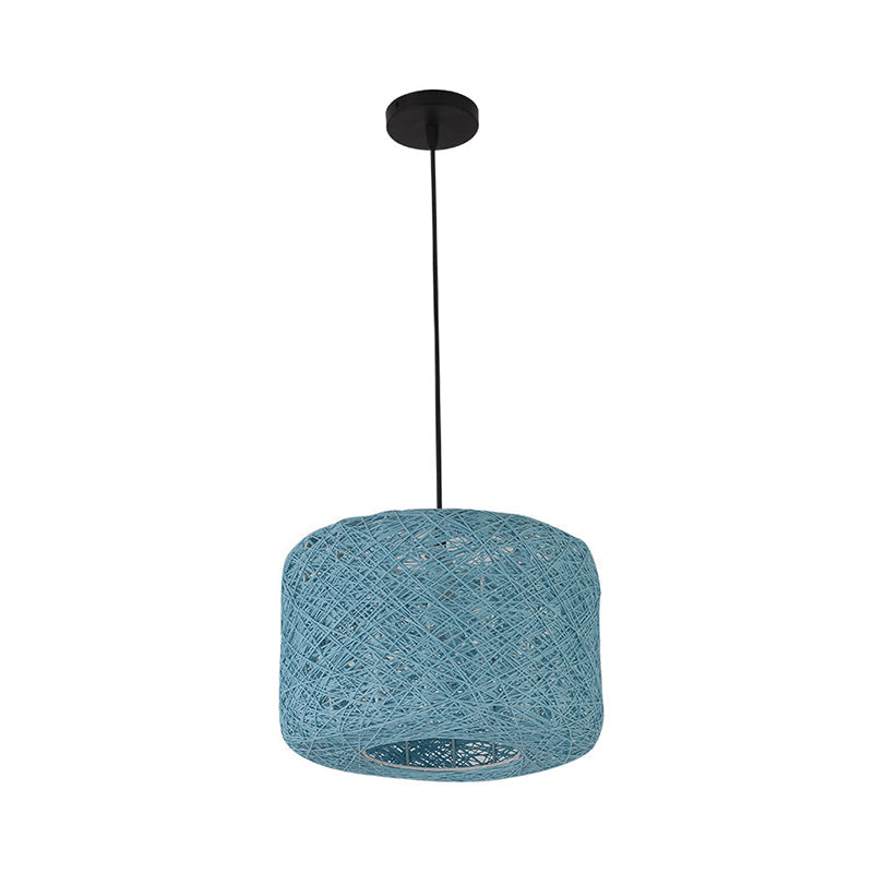 Rattan Drum Pendant Light 1 Bulb 12/16/18 Wide Beige/Blue Ceiling Hanging