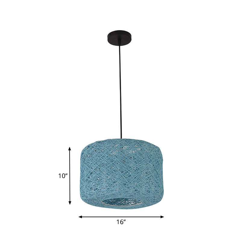 Tradition Rattan Drum Pendant Light - 1 Bulb - 12"/16"/18" Wide - Beige/Blue Hanging Ceiling Light