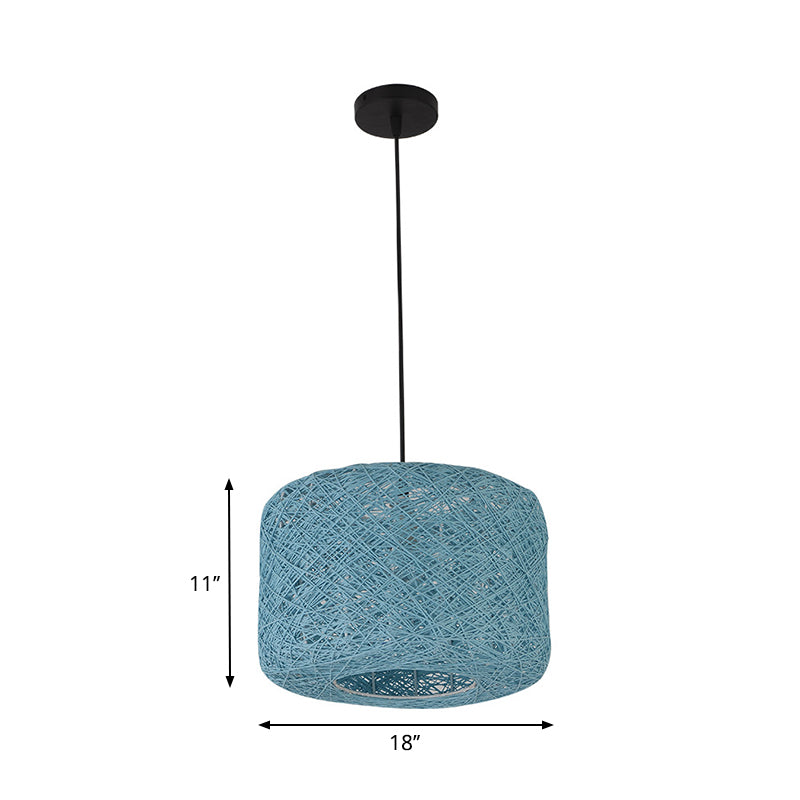 Tradition Rattan Drum Pendant Light - 1 Bulb - 12"/16"/18" Wide - Beige/Blue Hanging Ceiling Light