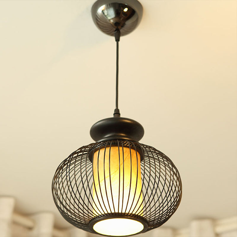 Luminaire suspendu en forme d'urne en bambou noir/bois pour chambre à coucher - 10"/12" de large