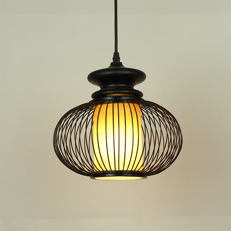 Luminaire suspendu en forme d'urne en bambou noir/bois pour chambre à coucher - 10"/12" de large