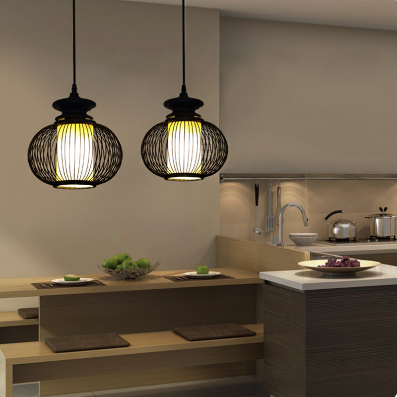Luminaire suspendu en forme d'urne en bambou noir/bois pour chambre à coucher - 10"/12" de large