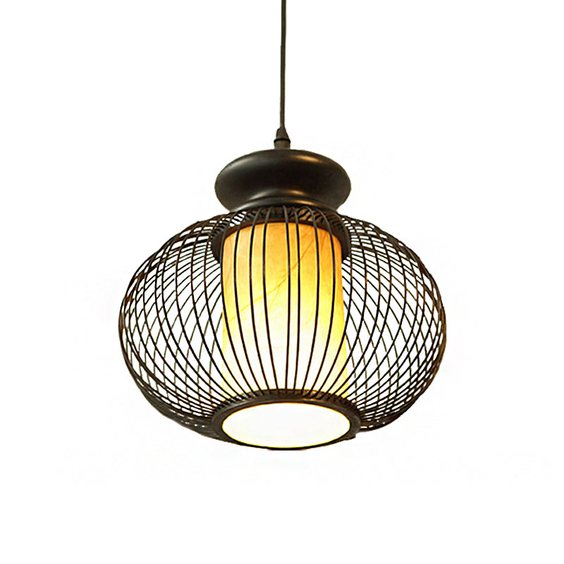 Luminaire suspendu en forme d'urne en bambou noir/bois pour chambre à coucher - 10"/12" de large